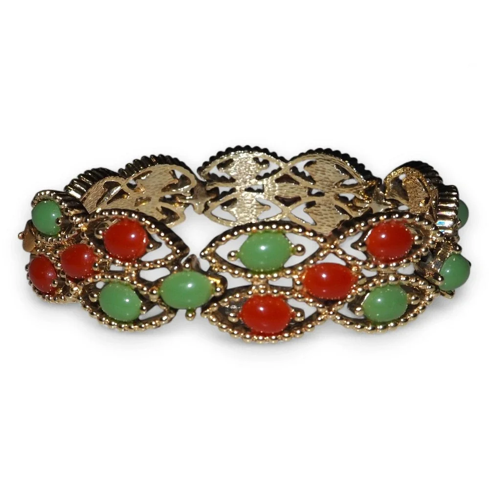 Sarah‎ Coventry Bracelet Women Gold Vintage 60s Faux Jade Cabochon Multi-Color